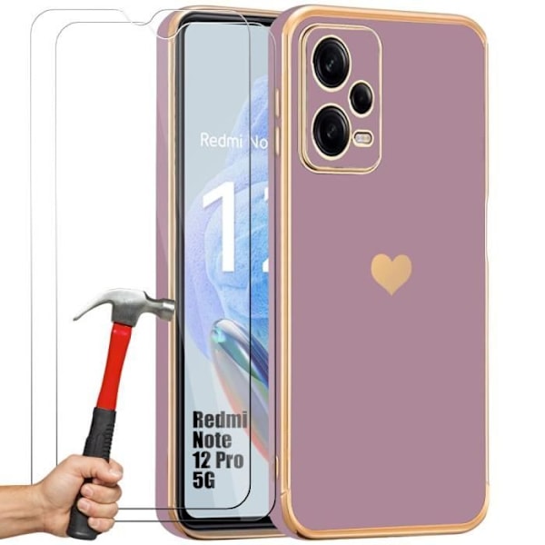 Etui til Xiaomi Redmi Note 12 Pro 5G (ikke til 4G), stødsikkert lilla silikonetui med kærlighedsmønster + 2 hærdede briller
