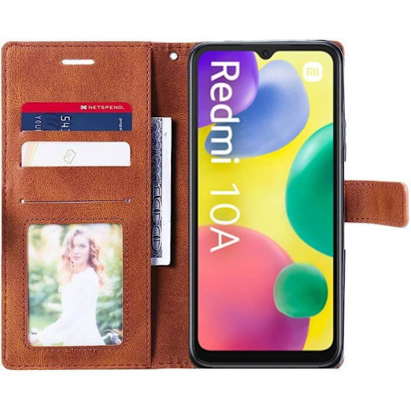 Set med 2 härdade glasögon + skydd för Redmi 10A - Fullt repskyddande brunt lädereffekt