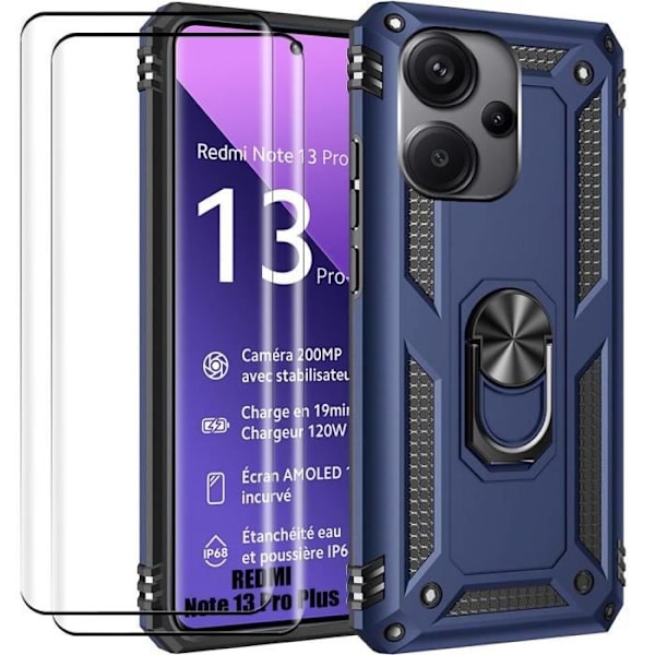 Fodral + 2 härdade glasögon till Xiaomi Redmi Note 13 Pro+ 5G - Note 13 Pro Plus 5G, förstärkt stödringskydd - Marinblå