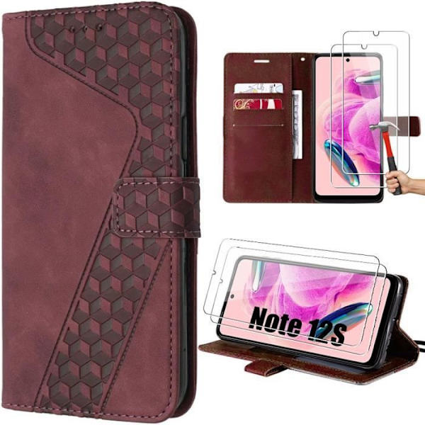 Coque til Xiaomi Redmi Note 12S - Rød - PU Læder - Flip-case med Stativ - 2 Tempered Glas Röd