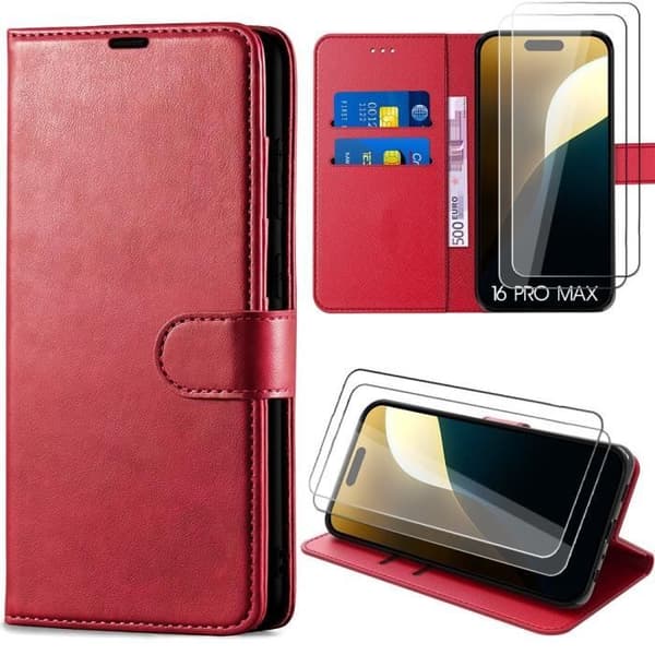 Coque - E.F.CONNECTION - för iPhone 16 Pro Max - Röd lädereffekt - Integrerade fack - Videostöd Röd