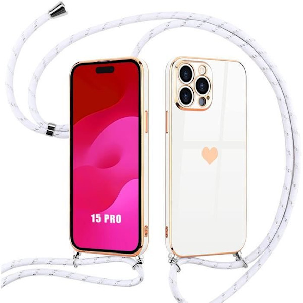 Lanyardfodral för iPhone 15 Pro Soft White Silikon Stötsäkert hjärtamönster med justerbar snodd