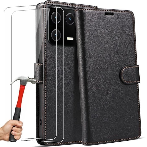 Beskyttelsesetui - Xiaomi - 13 - Pung - Læderlook - Sort - 2 hærdede glas Svart