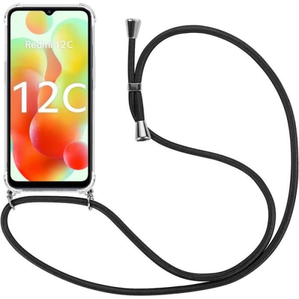 Taske til Redmi 12C - Redmi 11A Transparent forstærket beskyttelse Anti-ridse blød + sort skulderrem