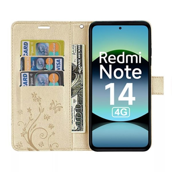 Coque för Xiaomi Redmi Note 14 4G (inte för 5G) Skydd Flip Sintetiskt Läder Guld Blomster Mönster Fjäril gyllene