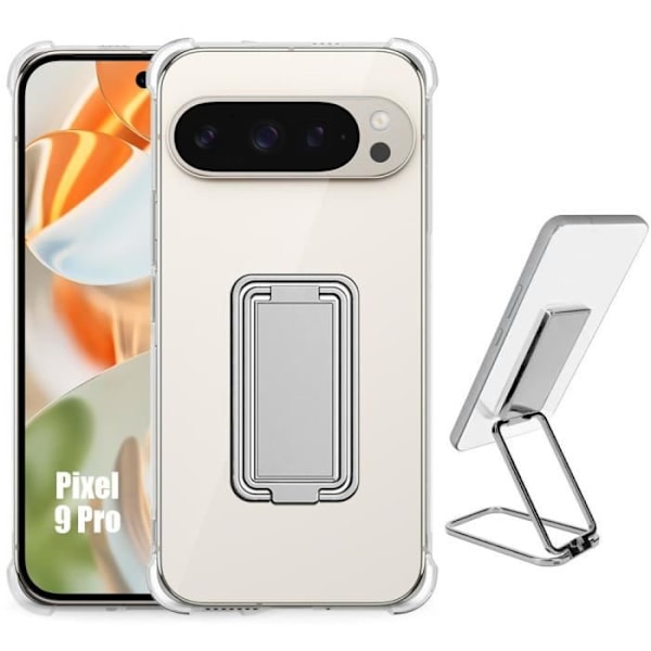 Fodral till Google Pixel 9 Pro - Ultratunnt stötsäker silikon med justerbart silvermetallstativ