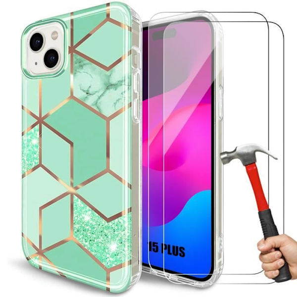 Cover til iPhone 15 Plus, 2 hærdede briller inkluderet - Slank og elegant beskyttelse, modstandsdygtig turkis