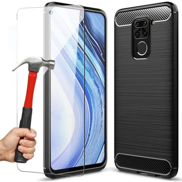 Etui til Redmi Note 9 (6,53") + Hærdet glas Klassisk mønster stållinjer Forstærket beskyttelse TPU Design Sort Svart