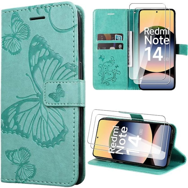 Coque + 2 Härdat Glas för Xiaomi Redmi Note 14 5G (inte för 4G) Fjärilsmönster PU Läder - Grön Grön