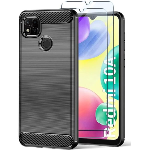 Fodral för Redmi 10A + 2 härdade glasögon, höghållfast kolfiberskydd - svart