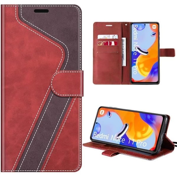 Fodral för Xiaomi Redmi Note 12 Pro/11 Pro - Röd - Syntetläder - Kortficka - Ställning Rödbrun