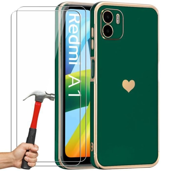 Etui til Xiaomi Redmi A1 Midnight Green Heart Pattern + 2 anti-ridse hærdede briller