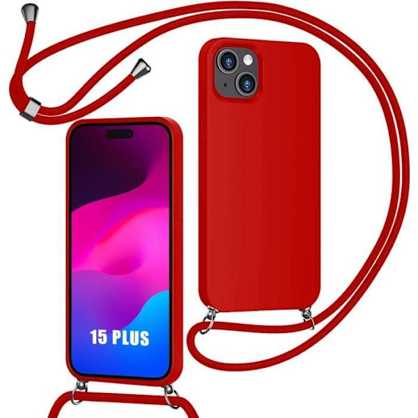 Cover til iPhone 15 Plus, blød stødsikker beskyttelse Silikonebeskyttelse med rød ledning