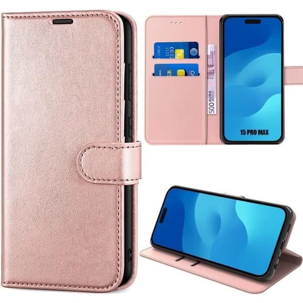 Coque - E.F.CONNECTION - för iPhone 15 Pro Max - Mjuk PU-läder - Plånboksfodral - Stödduk. Rosa