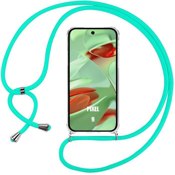 Axelremsfodral för Google Pixel 9, anti-skrapa mjukt silikonskydd + turkos axelrem