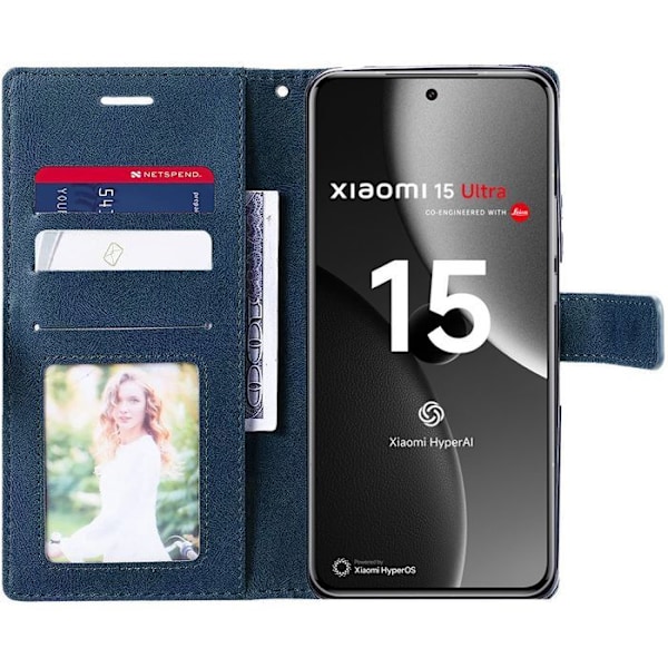 Coque + 2 Tårede Glasker til Xiaomi 15 Ultra, 360 Graders Anti-Rids Beskyttelse i Mørkeblå PU Læder marinblå