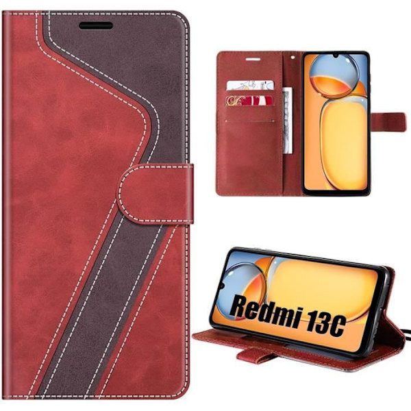 Beskyttelsesskal - Xiaomi - Redmi 13C - PU-læder - Kortlomme - Foldestøtte Rödbrun