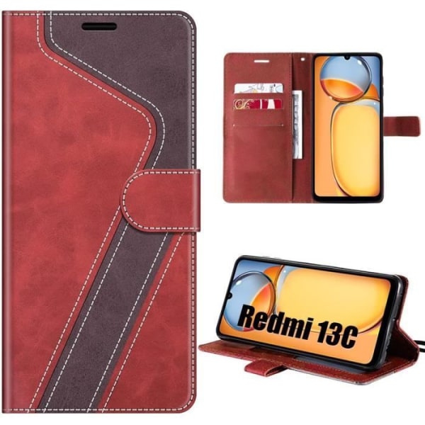Fodral till Xiaomi Redmi 13C, rött, hopfällbart PU-läderfodral med kortficka och stöd, tvåfärgat skarvat