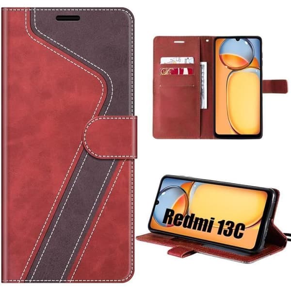 Skyddsskal - E.F.CONNECTION - för Xiaomi Redmi 13C - PU-läder - Kortficka - Fällbart stativ Rödbrun