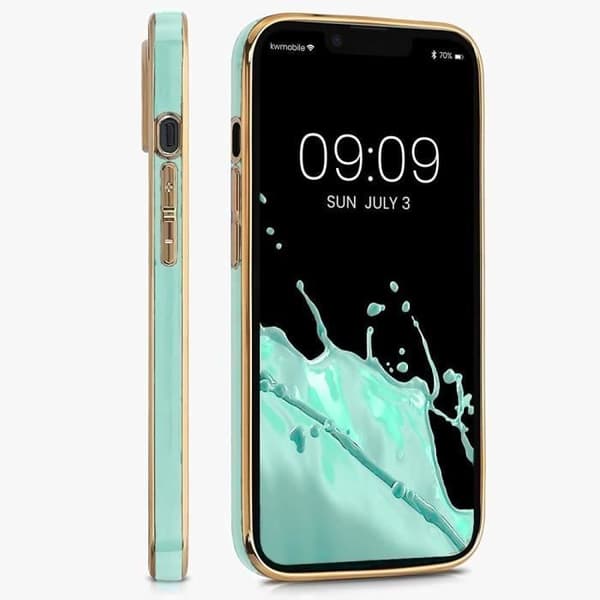 Skyddsskal - E.F.CONNECTION - för iPhone 13 Pro Max - Turkos - Mjuk - Lyxig Guldkant Turkos