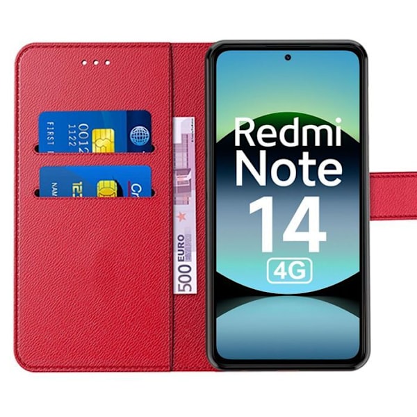 Cover til Xiaomi Redmi Note 14 4G (ikke til 5G) Stødabsorberende Anti-ridser PU Læder Rød + 2 Tempered Glass Röd