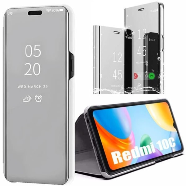 Etui til Xiaomi Redmi 10C Flip Mirror Effect Shockproof Protection - Sølv