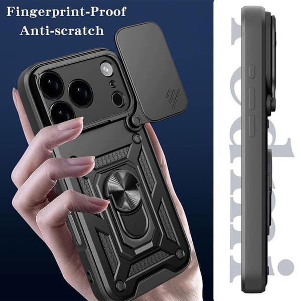 Cover til iPhone 17 Pro Max, Stiv med Ring og Skydende Kamerabeskyttelse - Sort + 2 Hærdede Glas Svart