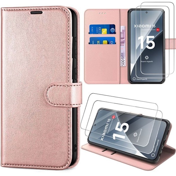 Coque för Xiaomi 15 med 2 Härdat Glas, Flip Case i Syntetisk Läder Antikrock Rosa Rosa