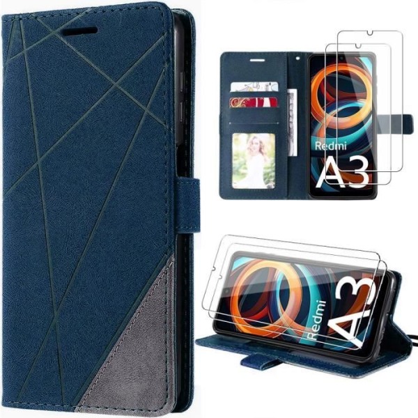 Coque för Xiaomi Redmi A3 - MÄRKE - Retro PU Läder Etui - 2 Härdade Glas - Mörkblå - Mjuk marinblå
