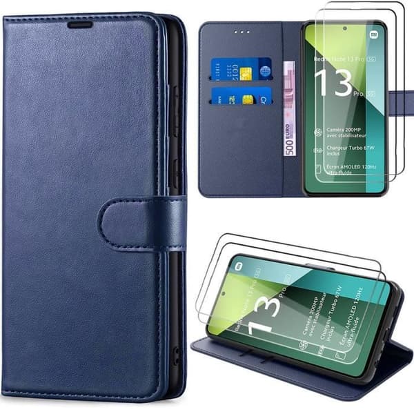 Coque - E.F.CONNECTION - För Xiaomi Redmi Note 13 Pro 5G - Stötsäker - PU-läder - Stöd och kortficka marinblå