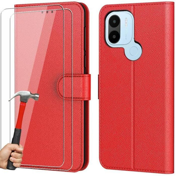 Etui til Redmi A1+/A2+ (A1 Plus/A2 Plus) + 2 hærdede briller, lædereffektbeskyttelse Magnetisk lukning - Rød Röd