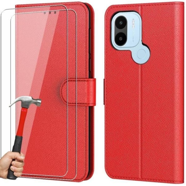 Fodral för Redmi A1+/A2+ (A1 Plus/A2 Plus) + 2 härdade glasögon, skyddande lädereffekt magnetisk stängning - röd Röd