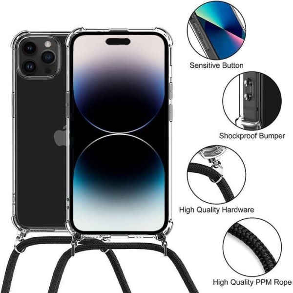 Cover til iPhone 14 Pro Max Transparent forstærket hjørne stødsikker beskyttelse + skulderrem lilla