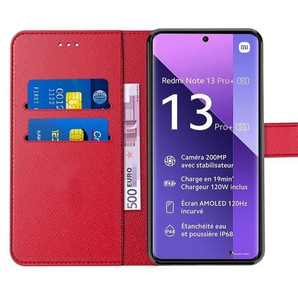 Coque - E.F.CONNECTION - För Xiaomi Redmi Note 13 Pro+ 5G - Stöttålig konstläder - 2 härdade glas - Röd Röd