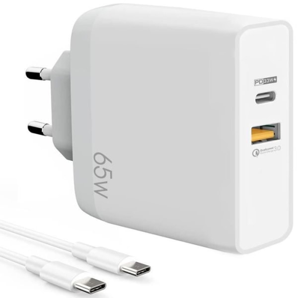 USB-C-laddare 65W - Google - Pixel 9/8/7 - 2 portar PD 33W - QC 3.0 - 1m kabel ingår Vit