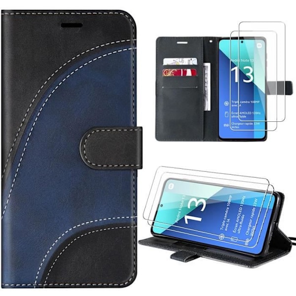 Coque - Xiaomi - Redmi Note 13 4G - Bicolore Læderlook - 2 Tempererede Glas - Magnetisk Beskyttelse Marinblå-svart