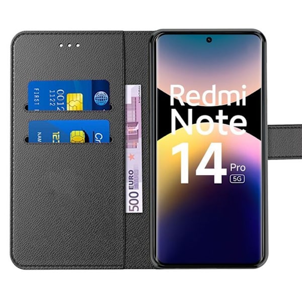 Coque + 2 Härdat Glas för Xiaomi Redmi Note 14 Pro 5G (inte för 4G) Skydd Flip Fodral Läder Svart Svart