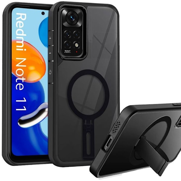 Cover til Xiaomi Redmi Note 11/Note 11S, Beskyttende Silikone Sort med Gennemsigtigt Bagside PC + Magnetisk Stativ Transparent, svart