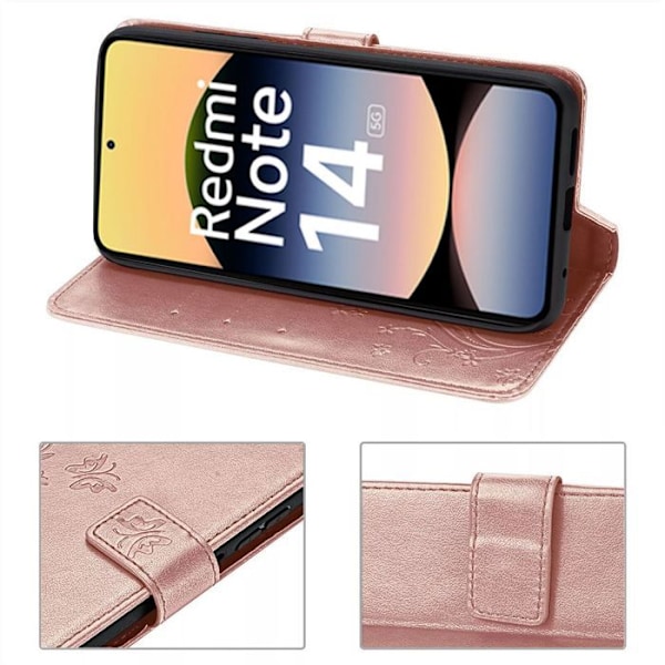 Coque til Xiaomi Redmi Note 14 5G (ikke til 4G) Beskyttelse Låget Stødabsorberende Syntetisk læder Motif Sommerfugl Rosa Rosa