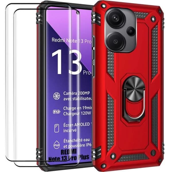 Coque - E.F.CONNECTION - För Xiaomi Redmi Note 13 Pro Plus 5G - Röd - 360° Stöd - 2 Härdat Glas Röd