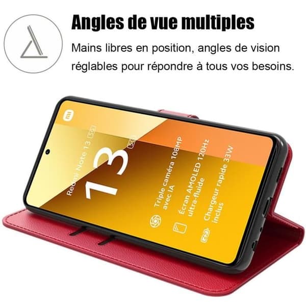 Etui - E.F.CONNECTION - För Xiaomi Redmi Note 13 5G - PU-läder - Stötabsorberande skydd - Justerbart stativ Röd
