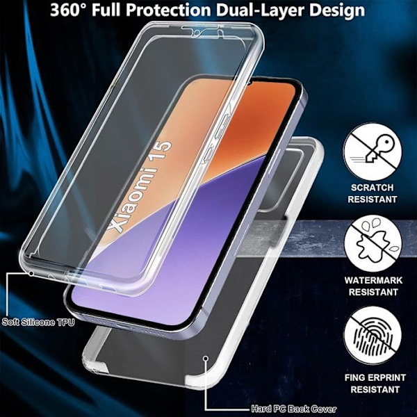 Cover til Xiaomi 15 - 360 Beskyttelse Anti-stød Transparent Silikone+PC Transparent