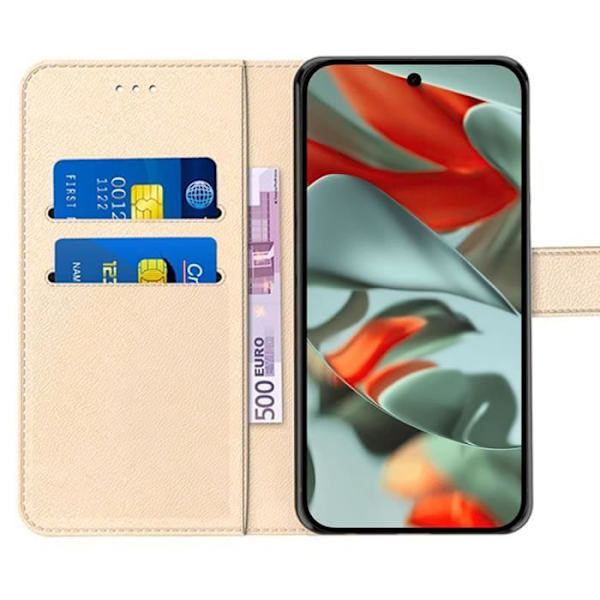 Helfodral för Google Pixel 9 Pro XL - Guldlädereffektskydd med stativ och korthållare