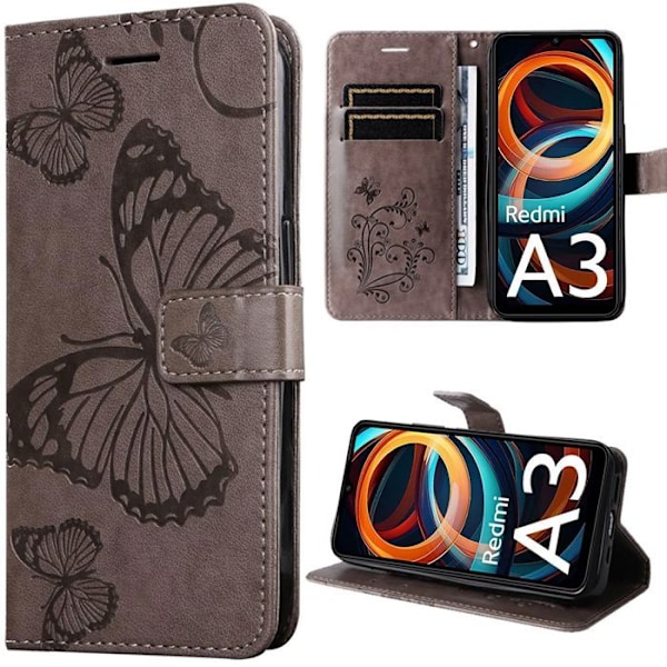 Coque för Xiaomi Redmi A3, Skydd med syntetiskt läder och stötsäker design - Fjärilsmotiv - Brun kastanj