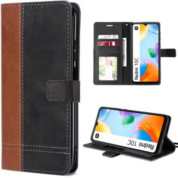 Etui til Xiaomi Redmi 10C Anti-Scratch PU Læder Brun-Sort Tofarvet