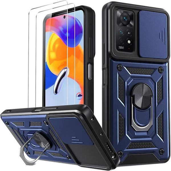 2 härdade glasögon + fodral för Redmi Note 11 Pro Marinblå styv ryggring kameraskydd