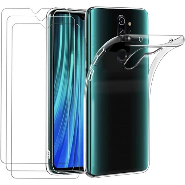 Fodral för Xiaomi Redmi Note 8 Pro Transparent Silikon + 3 × härdat glas skärmskydd, Ultra Mjuk TPU Fodral ProtecteTU
