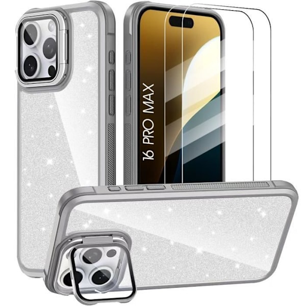 Coque og Temperede Glas - Gennemsigtig Grå - iPhone 16 Pro Max - Stødabsorberende - Glimmer - Kamerabeskyttelse Grå