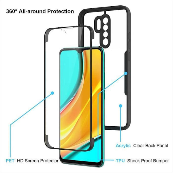 Fodral för Redmi 9 (6,53") 360 graders skydd mot repor, hård tjock förstärkt kant Svart