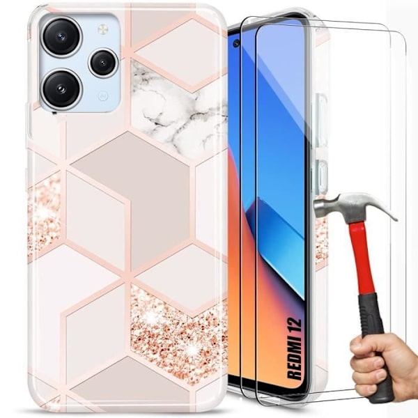 Fodral till Xiaomi Redmi 12 4G-5G (ej för Redmi Note 12) med 2 härdade glasögon ingår - Smal och elegant skyddsresistent rosa